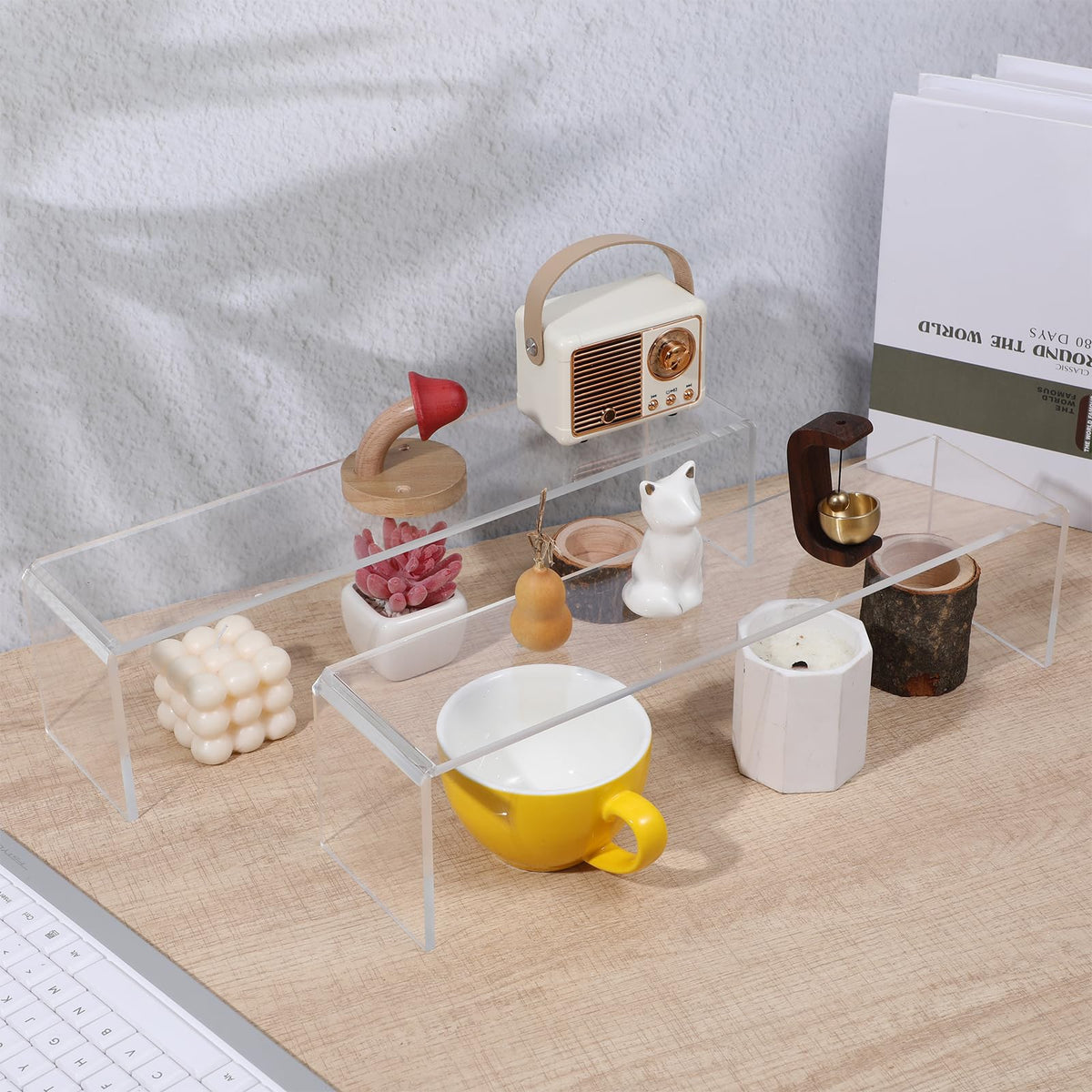 Meyeyaia 4 Pack Acrylic Risers Display Stands, Acrylic Shelf Riser Display Risers, Spice Rack for Dishes, Spices, Soda Cans and Bottles(12.4 x 4 x 4.6 inch)