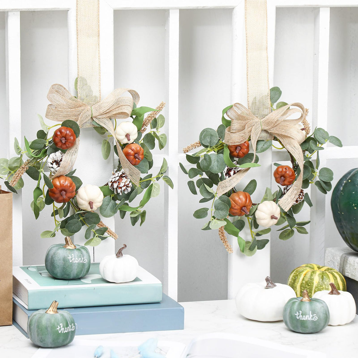 Syhood 2 Pcs 9" Mini Fall Wreath Small Pumpkin Cabinet Wreath Autumn Eucalyptus Decor with Rustic Bow for Fall Harvest Thanksgiving Porch Wall Window Decor(Eucalyptus Pumpkin Style)