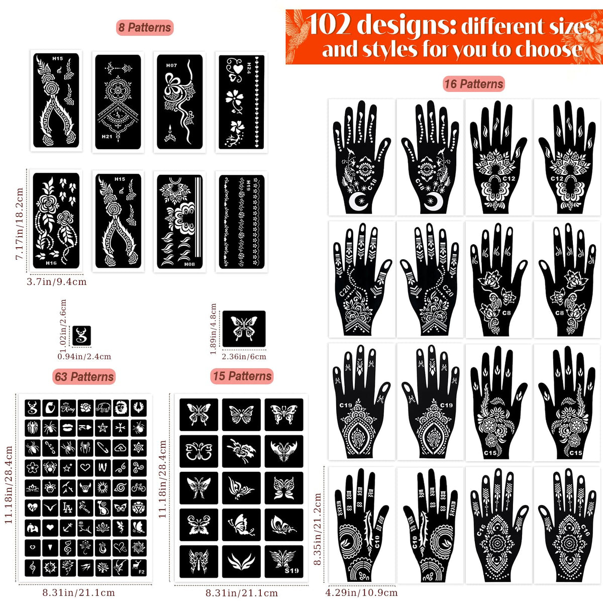 MuseLuxe Temporary Tattoos Stencils Kit,Temporary Tattoos Kit - 8 Pcs 4 Color(Brown,Black,Cherry red,Green), Ink with Gloves,DIY Body Art Painting for Women Men Adults Kids
