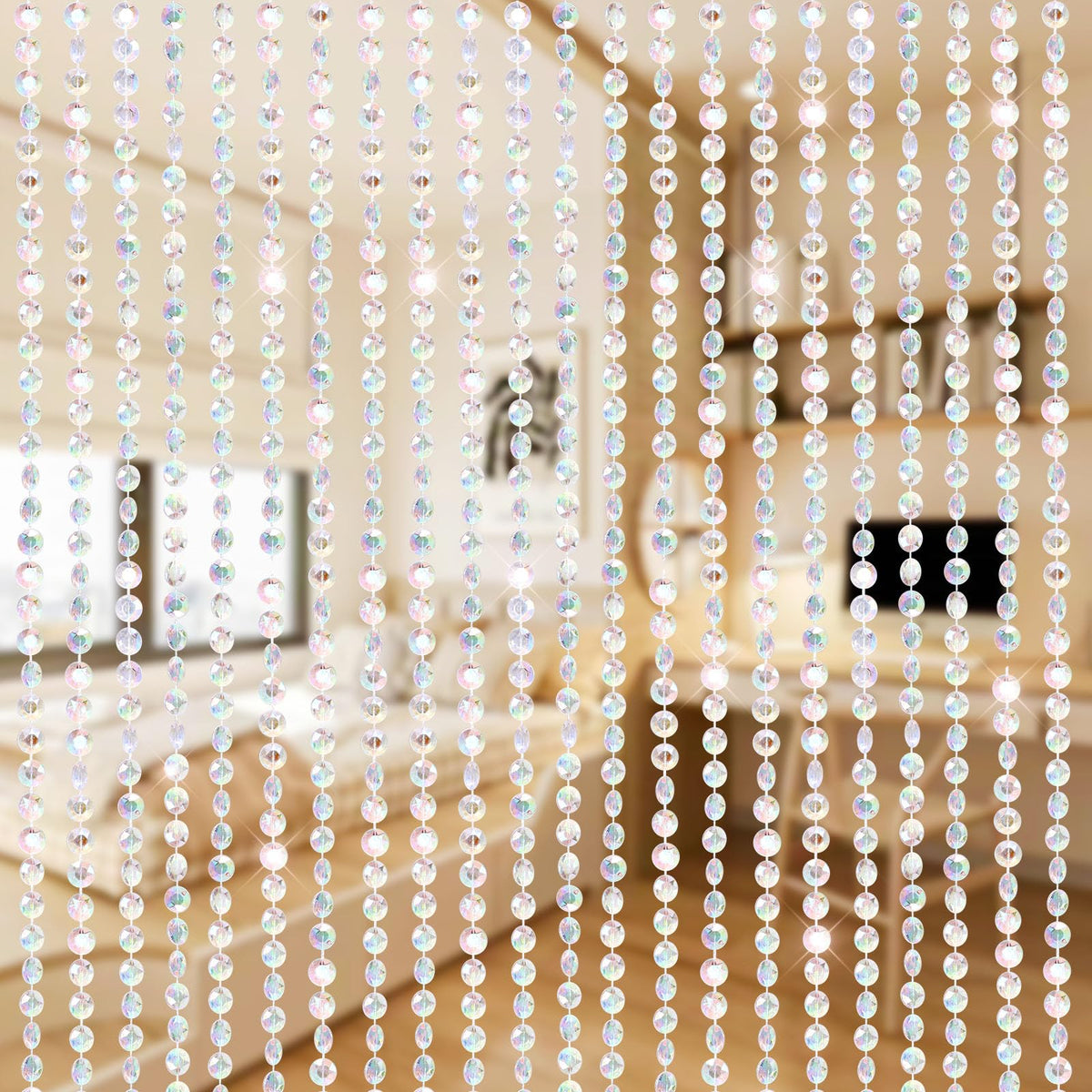 Boshen 3FTx6.5FT Crystal Beaded Curtain Door Beads 36 Strands Clear Acrylic Beads Hanging Room Divider Crystal Iridescent Diamond Cut Curtain Doorway Curtain for Room Doorway Divider Party Decor
