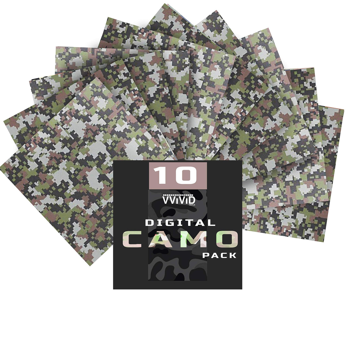 VViViD Camouflage Self-Adhesive Craft Vinyl 12 Inches x 12 Inches Sheet 10-Pack Bundle (Digital Camouflage)
