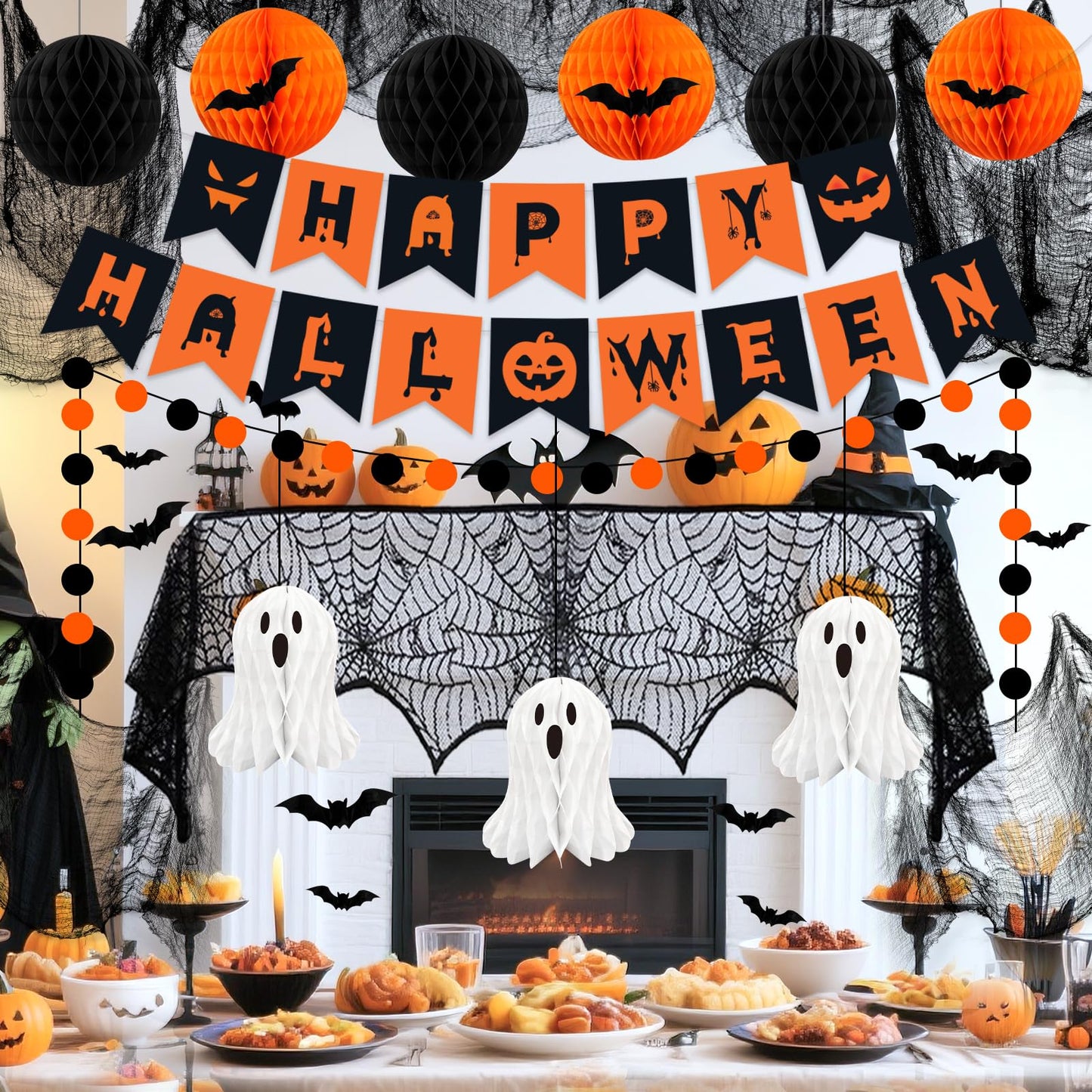Halloween Party Decorations, 29Pcs Halloween Indoor Decorations Kit with Mantel Scarf Creepy Cloth Fabric Hanging Ghost Happy Halloweens Banner 3D Bat Stickers for Home Fireplace Wall Decor