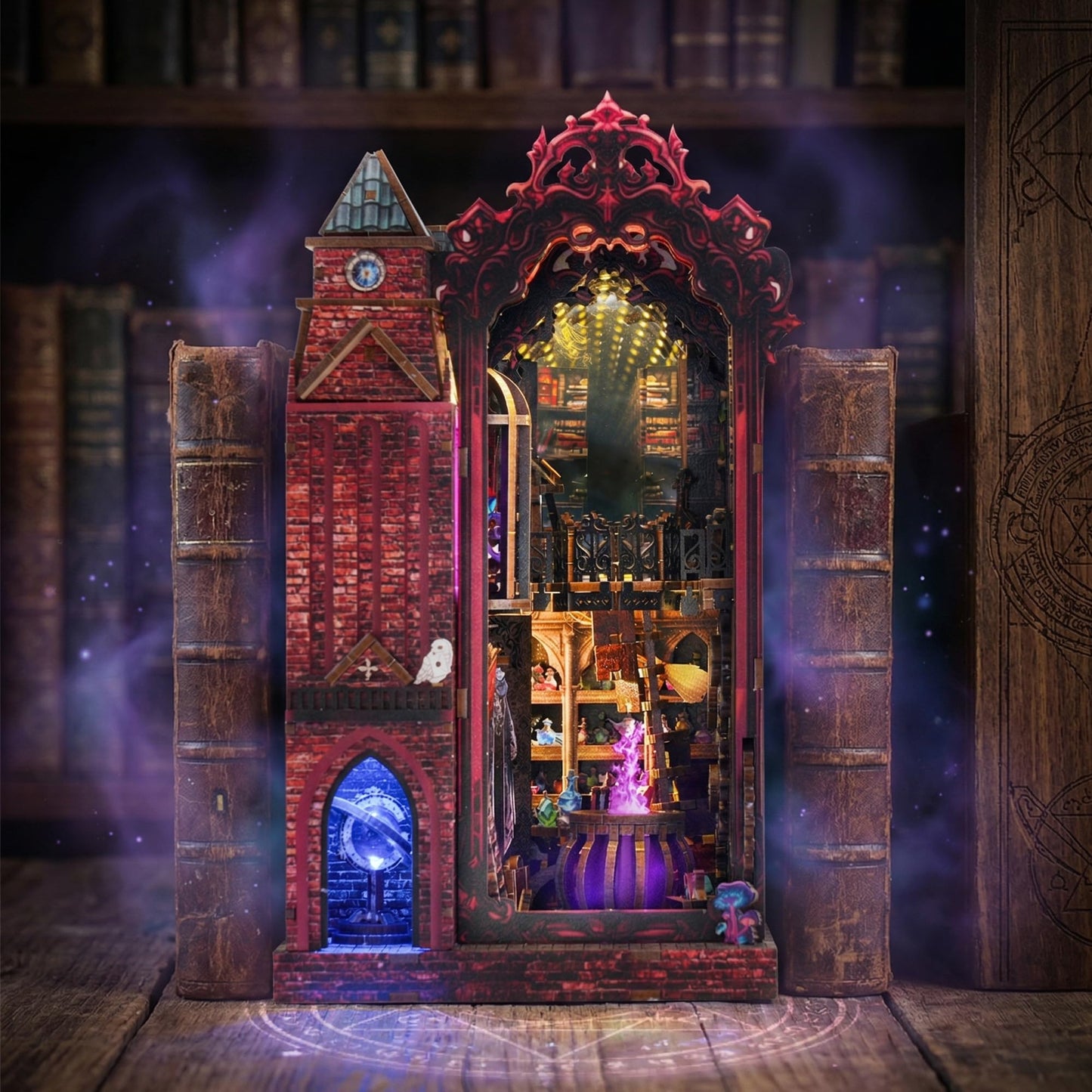 Magic Castle Book Nook Bookshelf Insert Kit – LED Infinity Mirror 3D Wooden Puzzle with Gear Mechanism,368 Pcs DIY Model for Fantasy Book Decor, Gifts for Adults & Teens