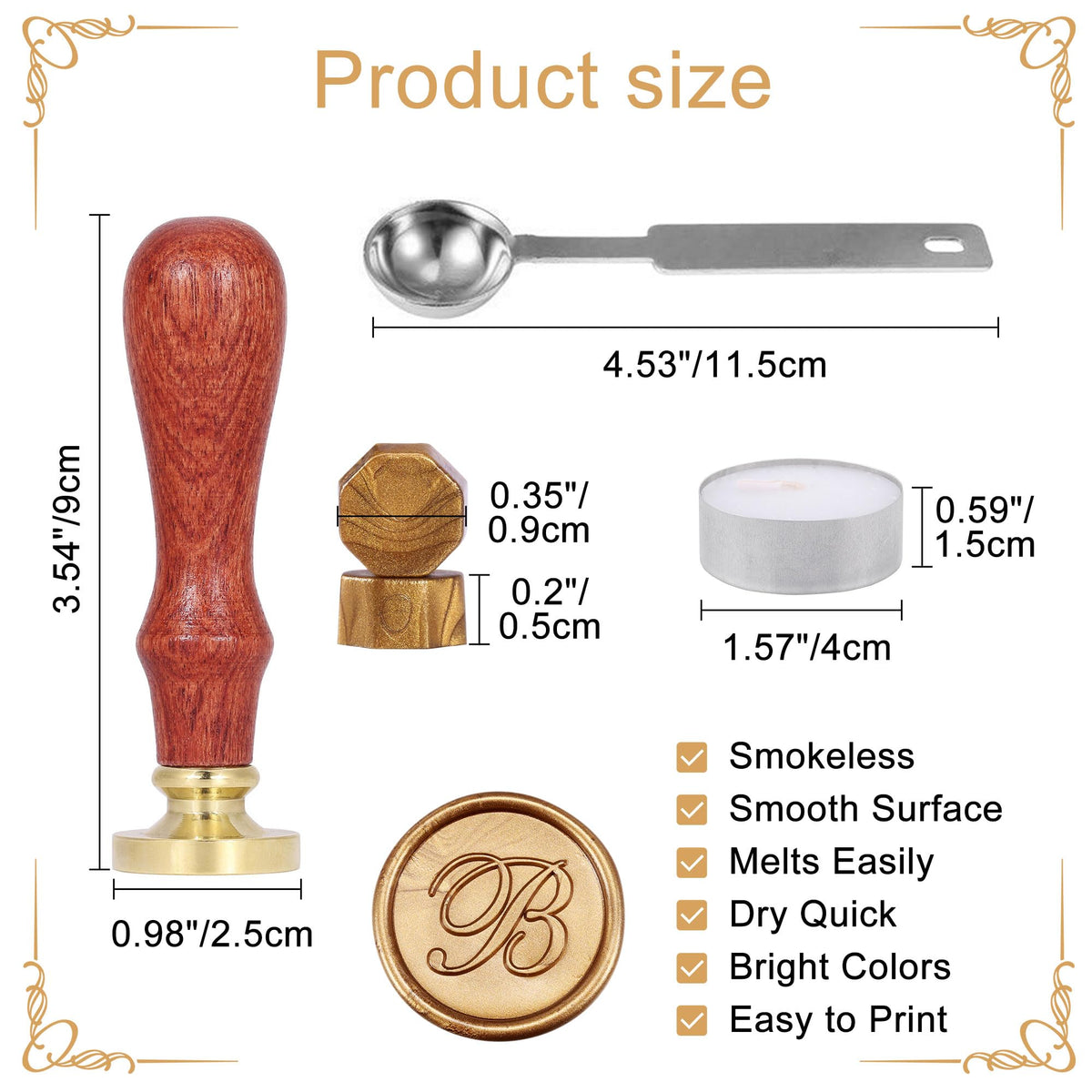 Yoption Wax Seal Kit, Vintage Handwriting Initial Alphabet Stamp with 120 Antique Gold Sealing Wax Beads for Wedding Invitation Gift Envelopes Wrap Christmas Card - Letter B