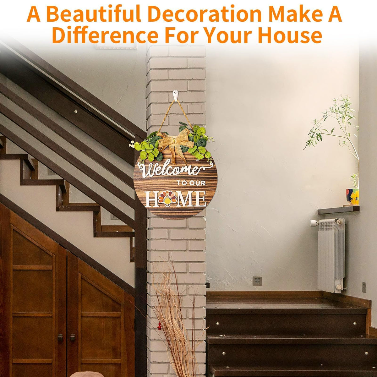 Welcome Sign For Front Door 3D Decor Interchangeable Seasonal Rustic Round Wooden Wreaths Wall Hanging Plaque Outdoor Farmhouse Porch for Spring Summer Fall All Seasons Holiday Halloween Christmas