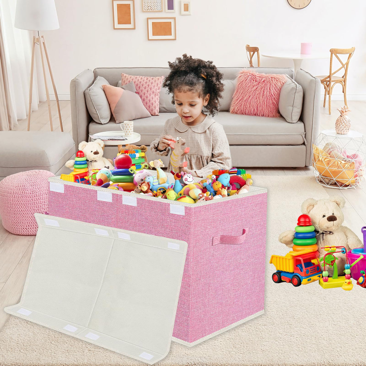 VERONLY Large Collapsible Toy Storage Box with Lid & Handles - Kids Organizer Chest for Toys, Clothes, Blankets (Pink, Nursery, Playroom, Bedroom)-24.5''Ă13''Ă16''