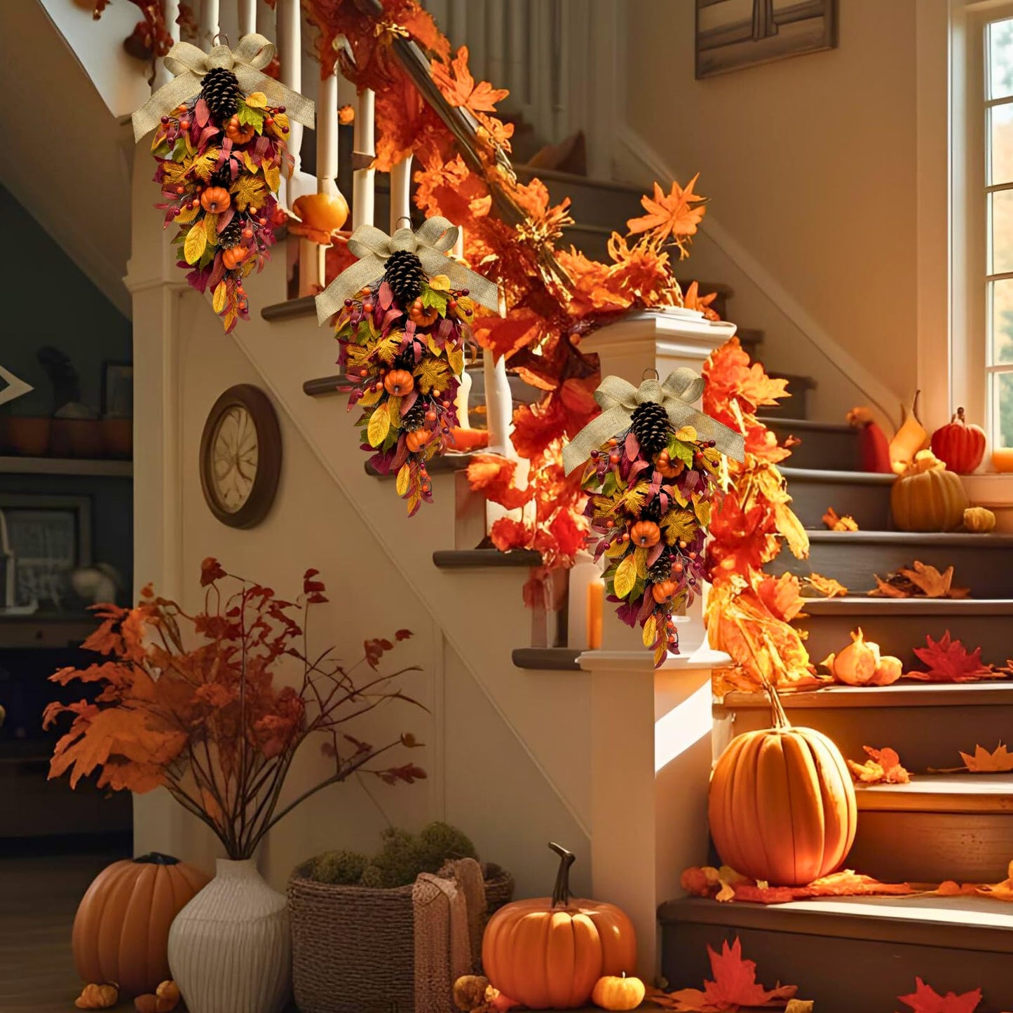 Svndlyn Harvest Teardrop Swag Autumn Floral Swag Wreath with Pumpkin Pine Cones Berries Maple Leaves and Burlap Bow Fall Teardrop Wreath for Home Door Wall Mantel Window Decor