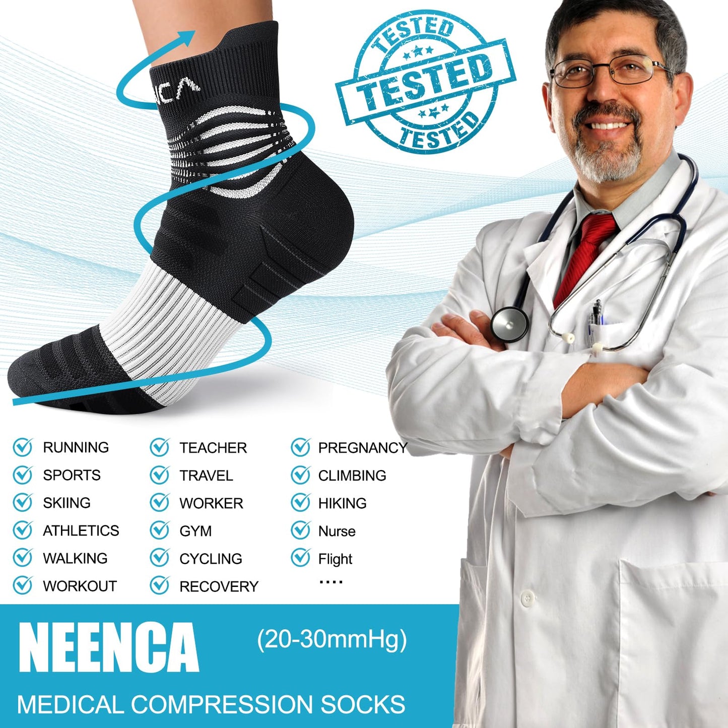 NEENCA Medical Compression Socks for Women & Men Circulationā2 Pairs, Ankle Compression Stockings for Pain Relief, Plantar Fasciitis, Swelling, Running, Nurses, Travel, Pregnancy, Flying. 20-30 mmHg