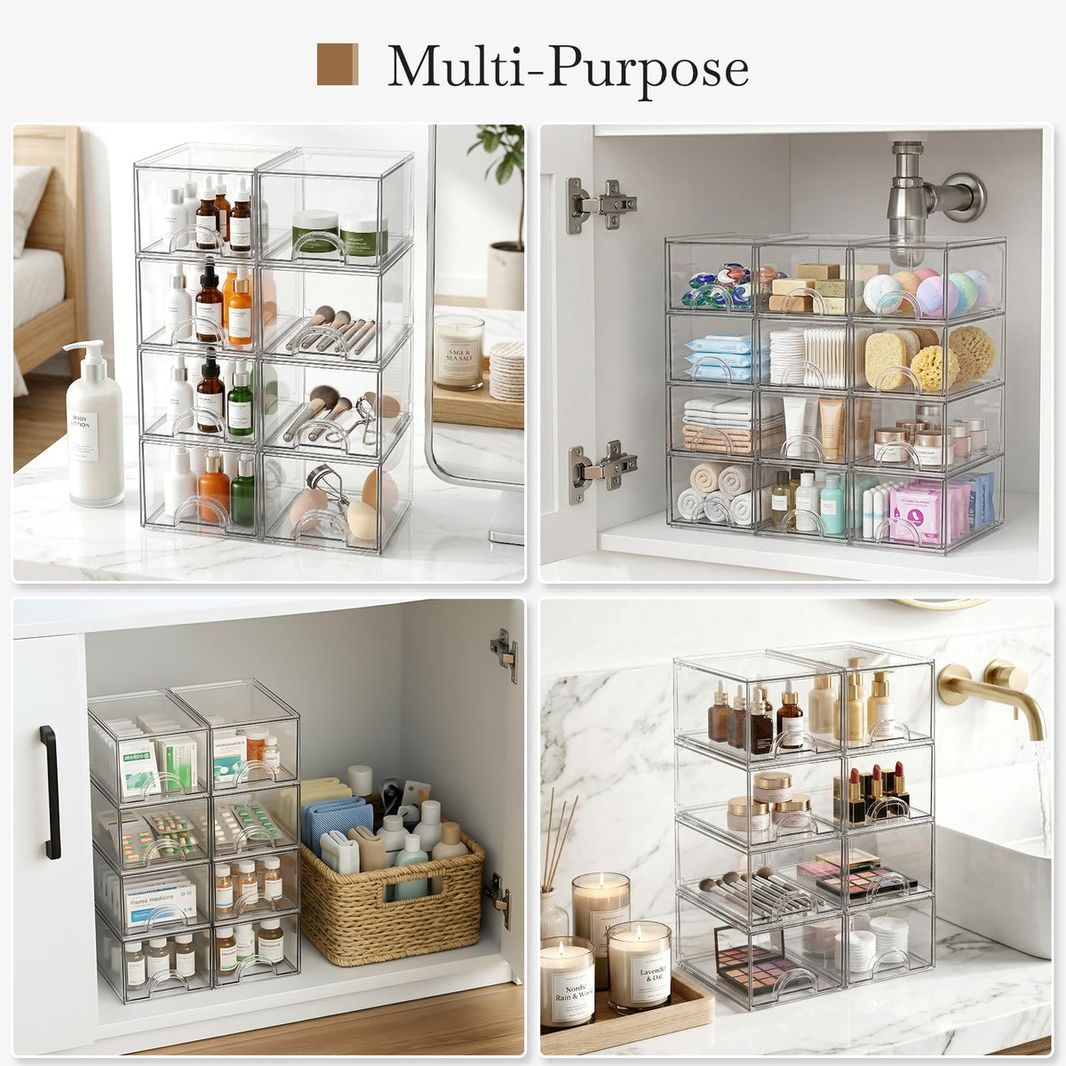 Zeawec 8 Pack Small Clear Stackable Acrylic Storage Boxes for Art Tool & Sketch, Storage Drawers, Storage Organizer, Clear Plastic Makeup Organizer, Ideal for Vanity, Cabinet, Desk Organization
