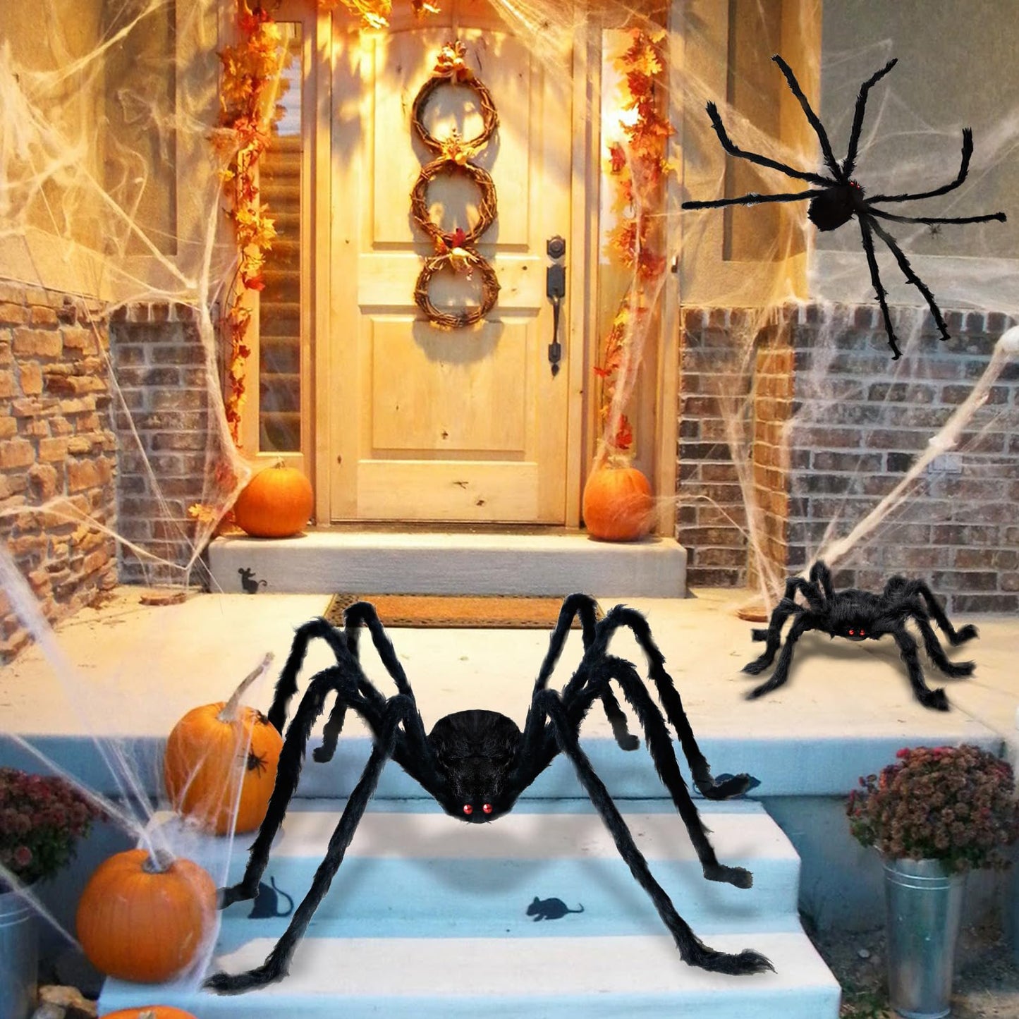 ZMCINER Large Halloween Spiders for Outside, Big Spider Halloween Decorations Realistic Scary Hairy Spiders Halloween Decorations Outdoor (59", 49", 35")