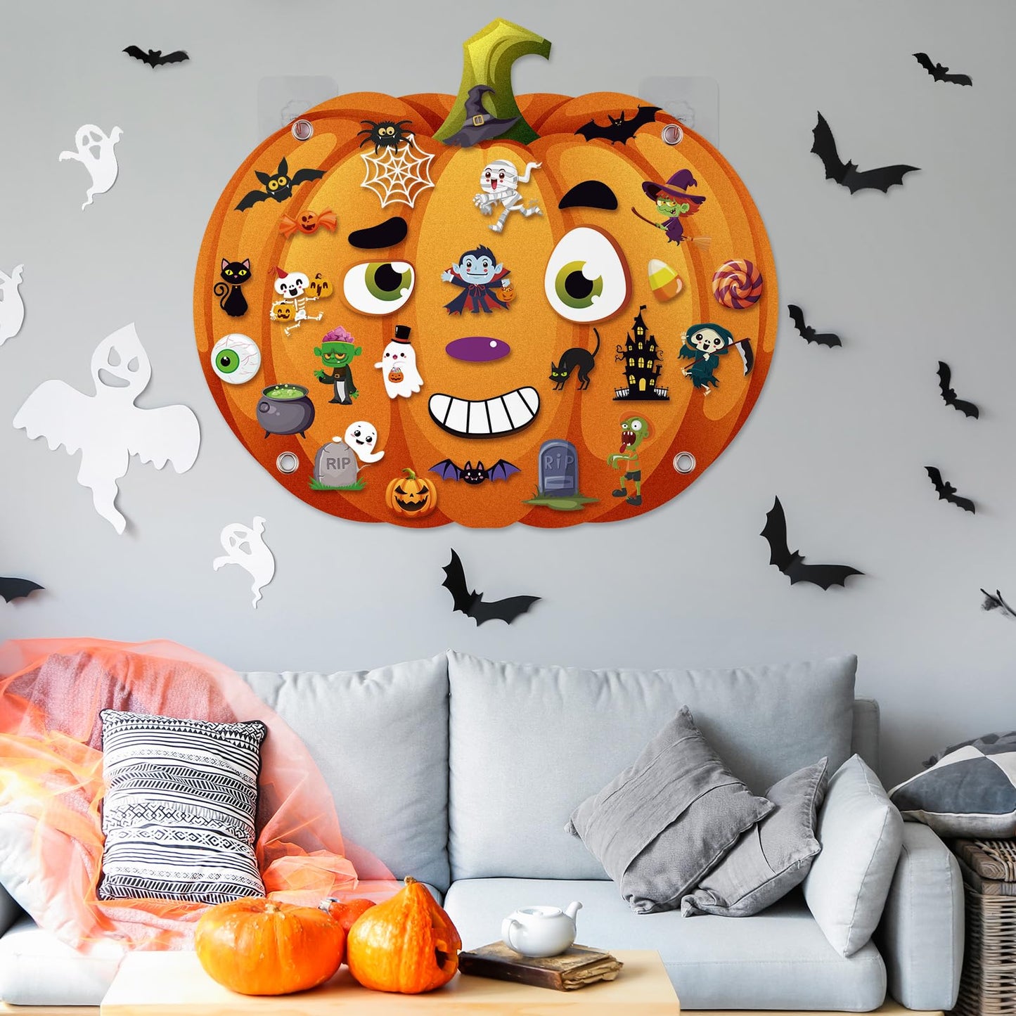 WovWeave 2.79ft DIY Felt Halloween Pumpkin Hanging Decor with 44 Pcs Ornaments Felt Pumpkin Witch Bat Kits with Hooks for Halloween Party Favor Gifts Home Wall Hanging Decorations Fun Activity