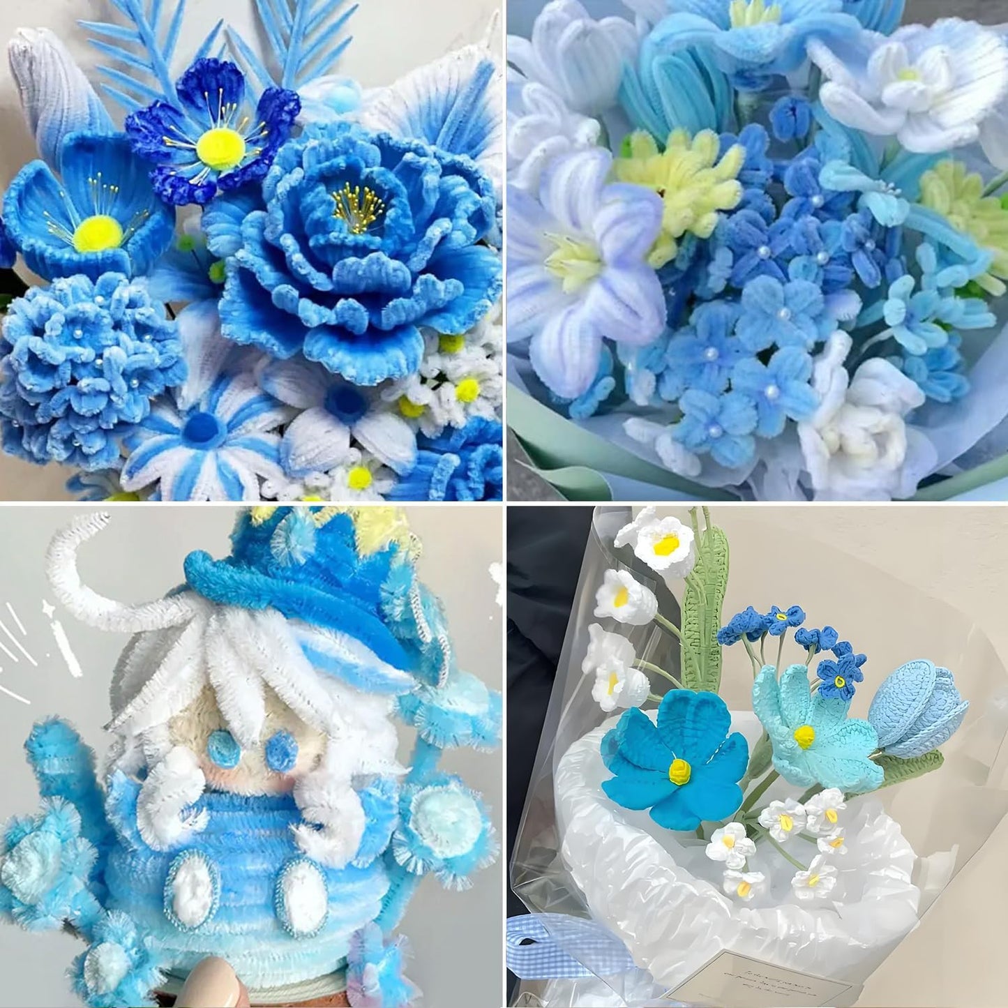 500 Pcs Pipe Cleaners Craft,Pipe Cleaner Bulk Flower Kit,6 Colors Chenille Stems Flower Kit for DIY Handmade Whit Ribbons,Stems,Tape,Stamens, Glue Sticks,Gift for Art Project Activity (Blue)