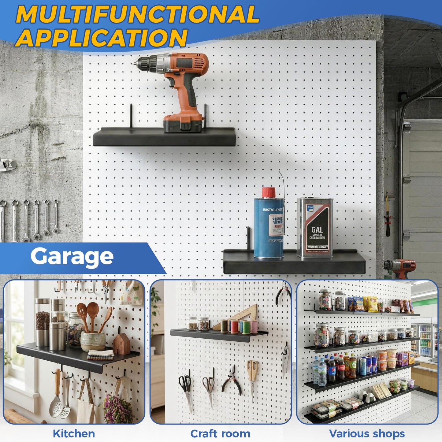 JUGGHOME 6 Pack Pegboard Shelves,10x4.3 Inch Metal Peg Board Shelving,Pegboard Accessories for Storing or Displaying,Pegboard Shelf Brackets for Retail Display Shelves,Garage Organizer,Home Storage