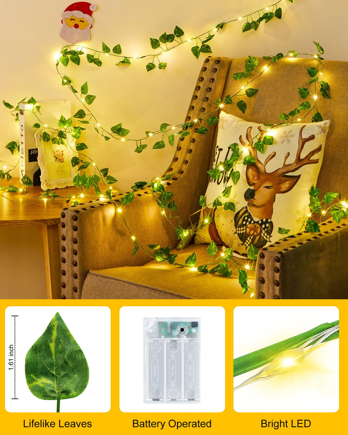 Minetom Fairy Lights - 21ft 60 LED Green Pothos Garland with Remote Control, Hanging Leaf String Lights for Bedroom and Dorm Room Decor