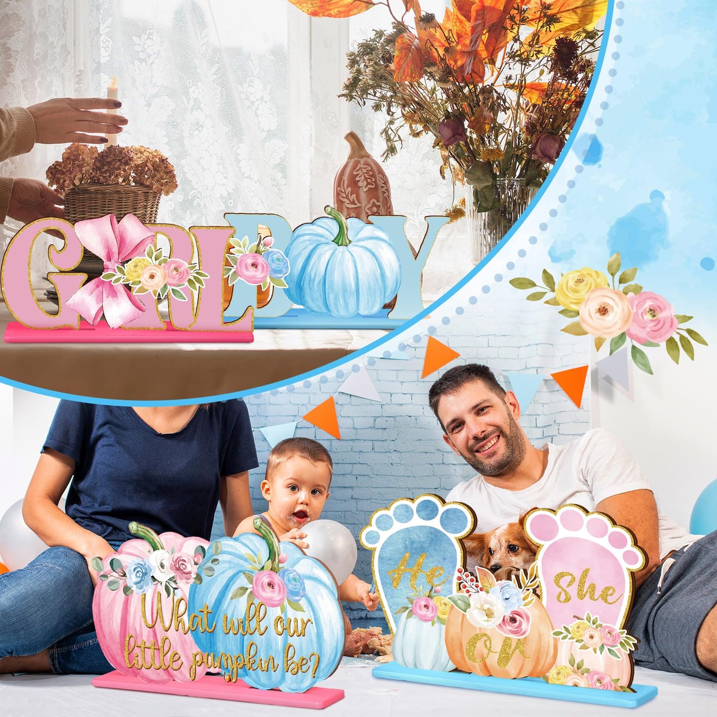 DoubleFill 6 Pcs Fall Little Thanksgiving Pumpkin Decorations Gender Reveal Party Table Centerpieces is on The Way Table Decor Boy Girl Toppers for Autumn Home He or She Party(Pink and Blue,Cute)