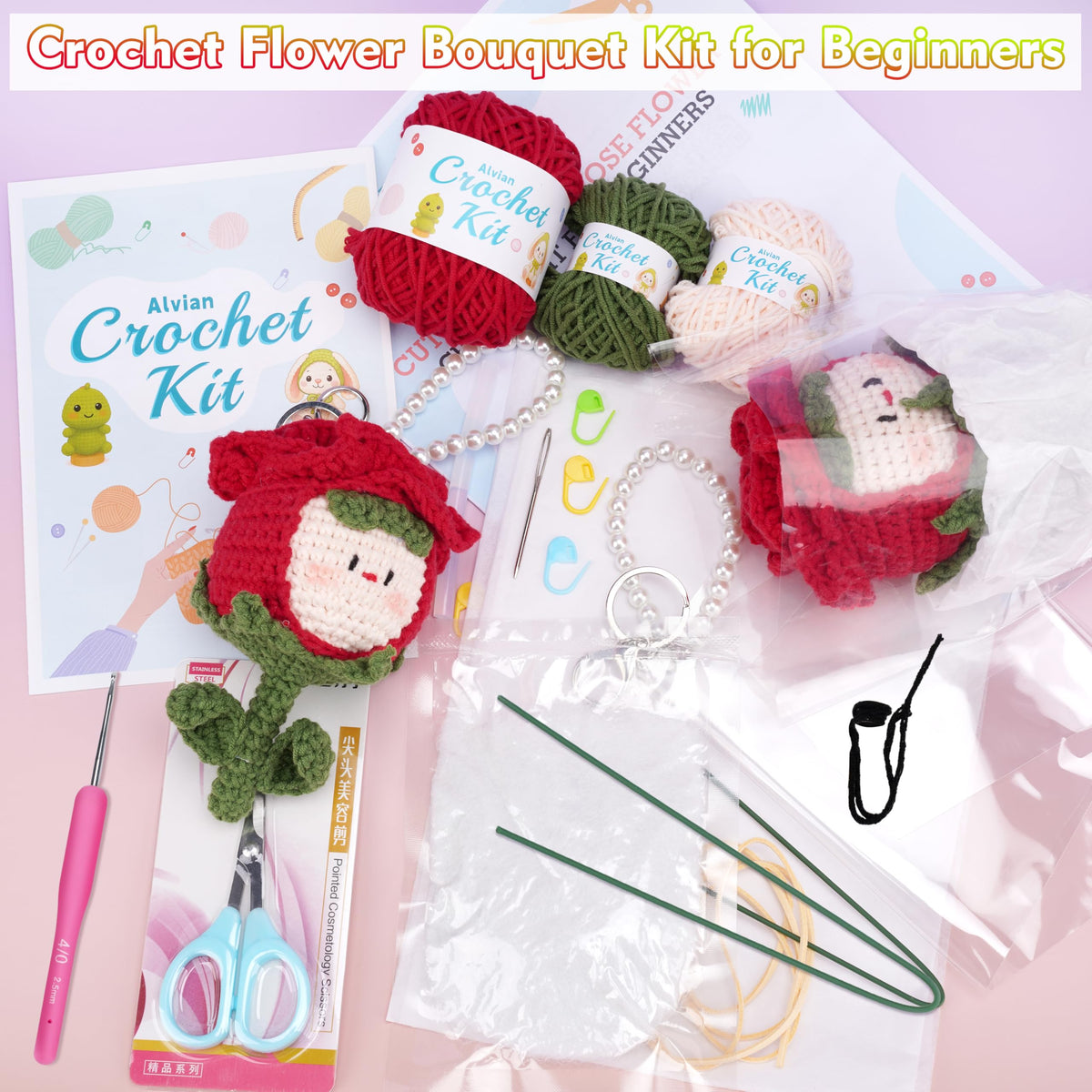 Alvian Handmade Crochet Rose Dumpling Fairy with Keychain - Flower Bouquet Beginners Crochet Kit for Valentine's Gifts, Birthday, Anniversary, Everlasting Rose Flower Craft Kit