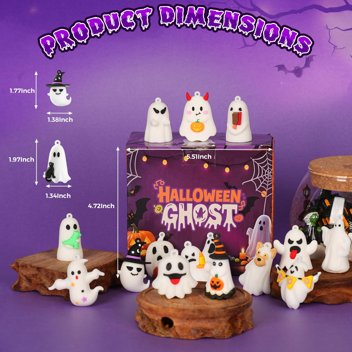 compareye Ghost Figures 48 Pcs - Halloween Party Favors, 1.6" Mini Ghost Figures for Dollhouse Decor, Trick or Treat Gift for Kids Gifts for Boys, Girls, Teens