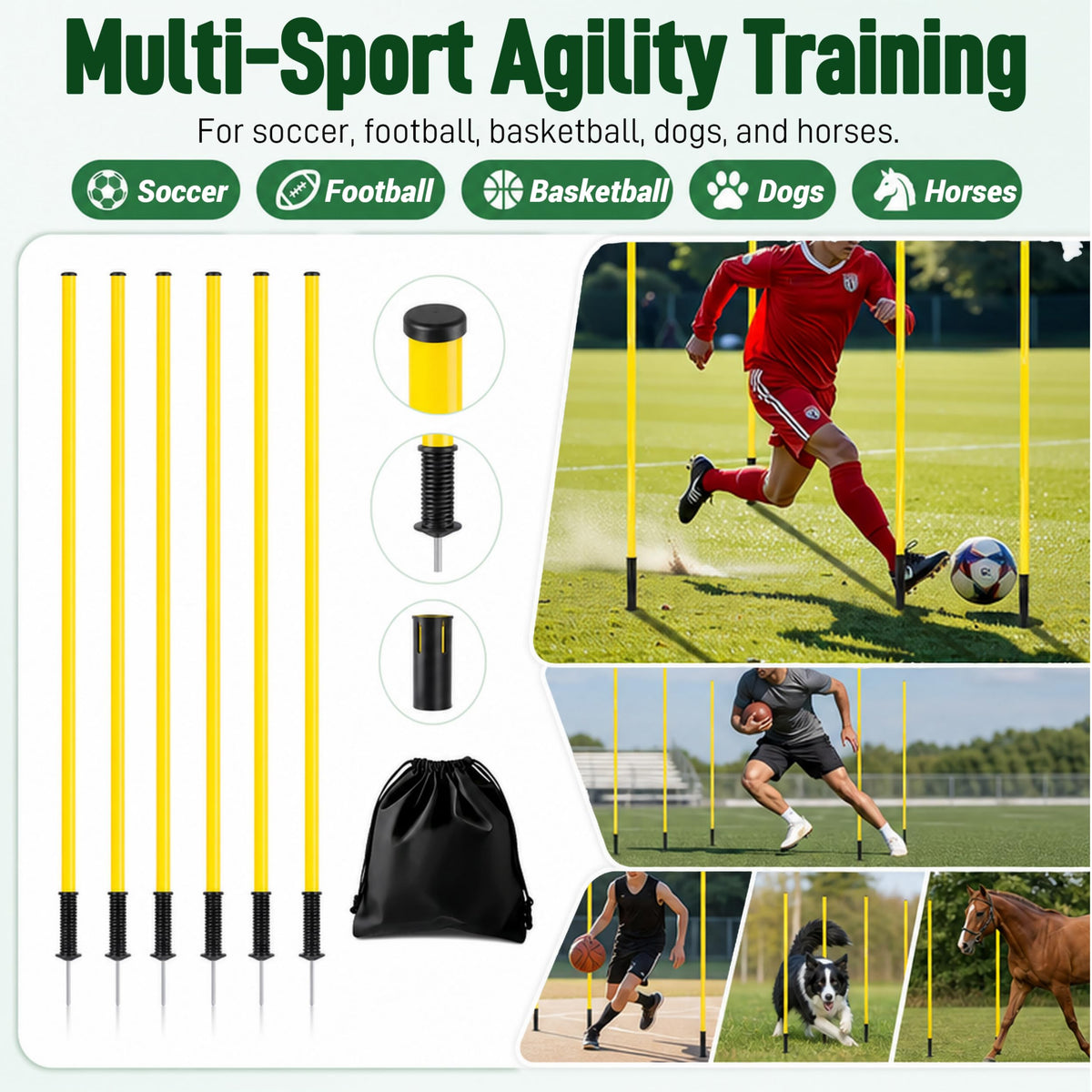 6 Pcs Soccer Agility Poles for Training,5 FT Adjustable Speed and Agility Training Equipment,Football/Basketball/Horse/Dog Sports Practice Equipment,Soccer Sticks with Ground Spring Nails for Outdoors