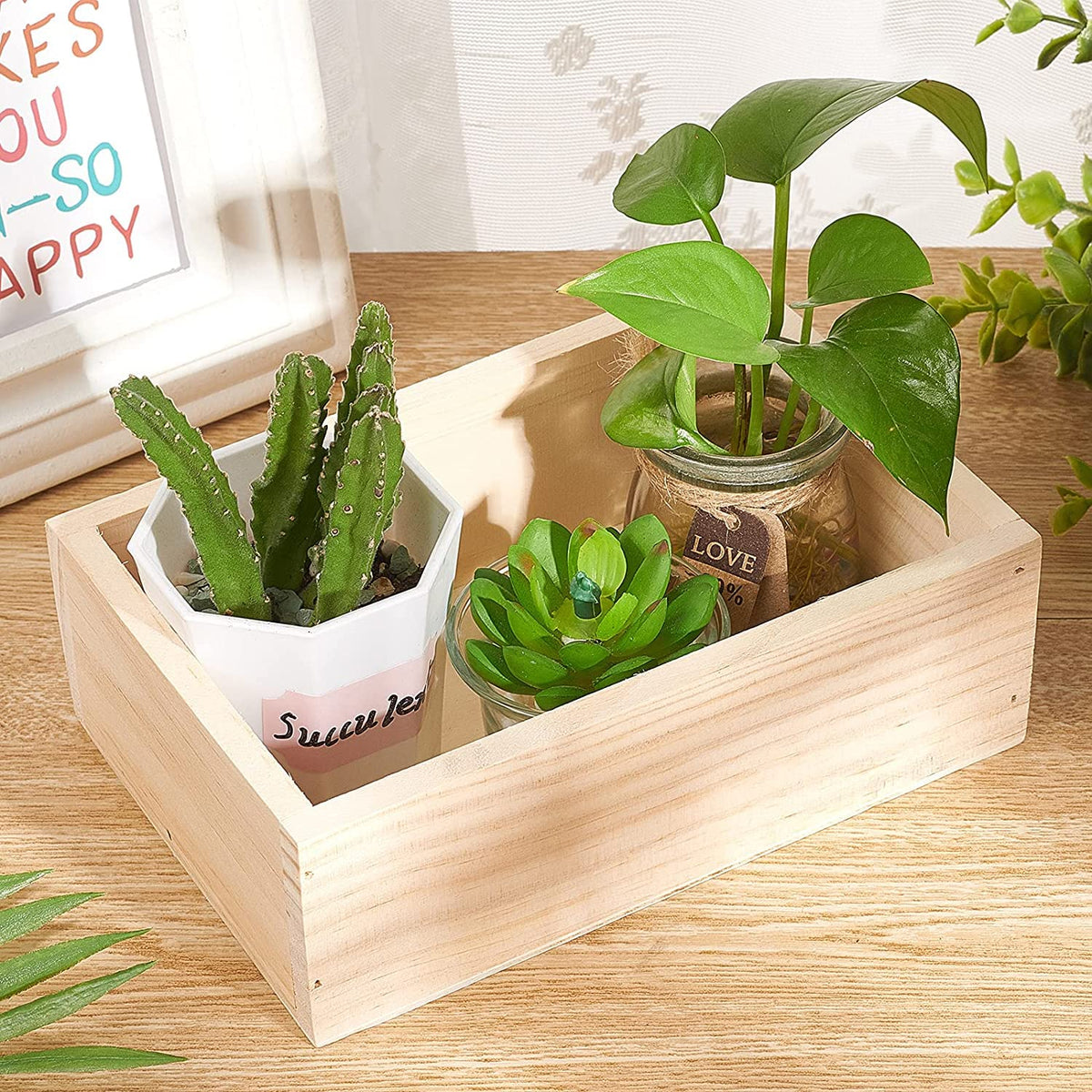 LONG TAO 2 Pcs 7.5" × 5" × 2.4" Natural Wooden Succulent Planter Plant Container Box Window Boxes Rectangular Flower Pot Storage Box for Indoor Outdoor Home Venue Decor