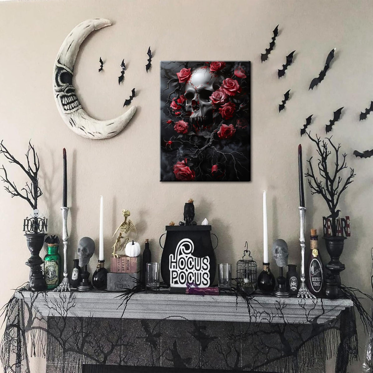 Gothic Canvas Wall Art Set of 3, Romantic Rose Halloween Wall Decor Paintings, Dark Goth Crow Skull Posters Prints for Bathroom Living Room Gallery Home Decor 12x16In Framed