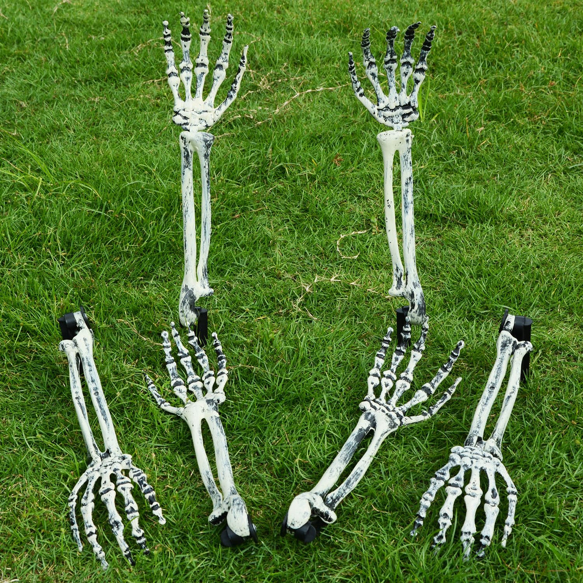 AOFOX Halloween Realistic Skeleton Stakes Zombie Ghost Arm Stake Severed Plastic Skeleton Hands Yard Signs for Lawn Stakes Garden Halloween Props Decoration(4 Pcs White&Black)