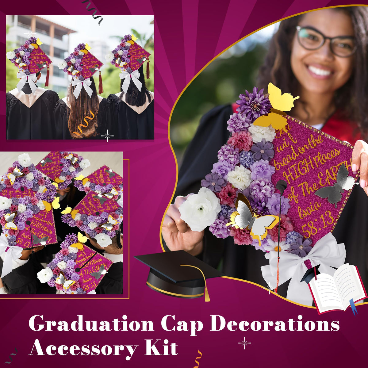 68 Pcs Purple DIY Graduation Cap Decorations Accessory Kit 3D Artificial Flowers White Bows Butterfly Glitter Alphabet Number Pearl Stickers for DIY Hat Grad Cap Topper Graduation Party Supplies