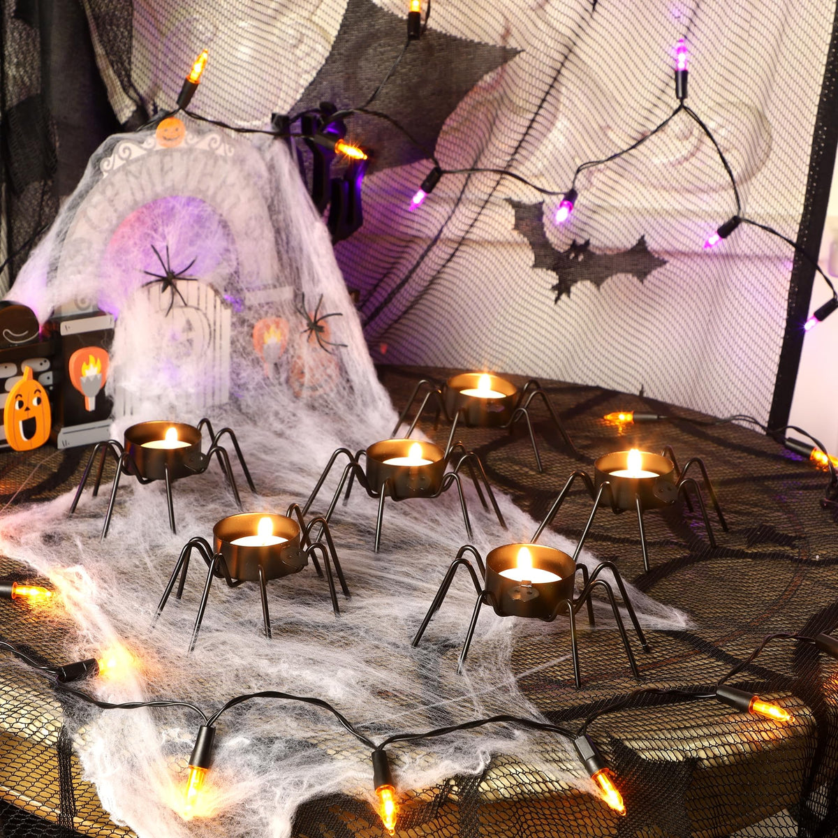 FORUP 6 Pack Metal Spider Tea Light Candle Holders, Halloween Candle Holder, Halloween Home Table Decoration, Black