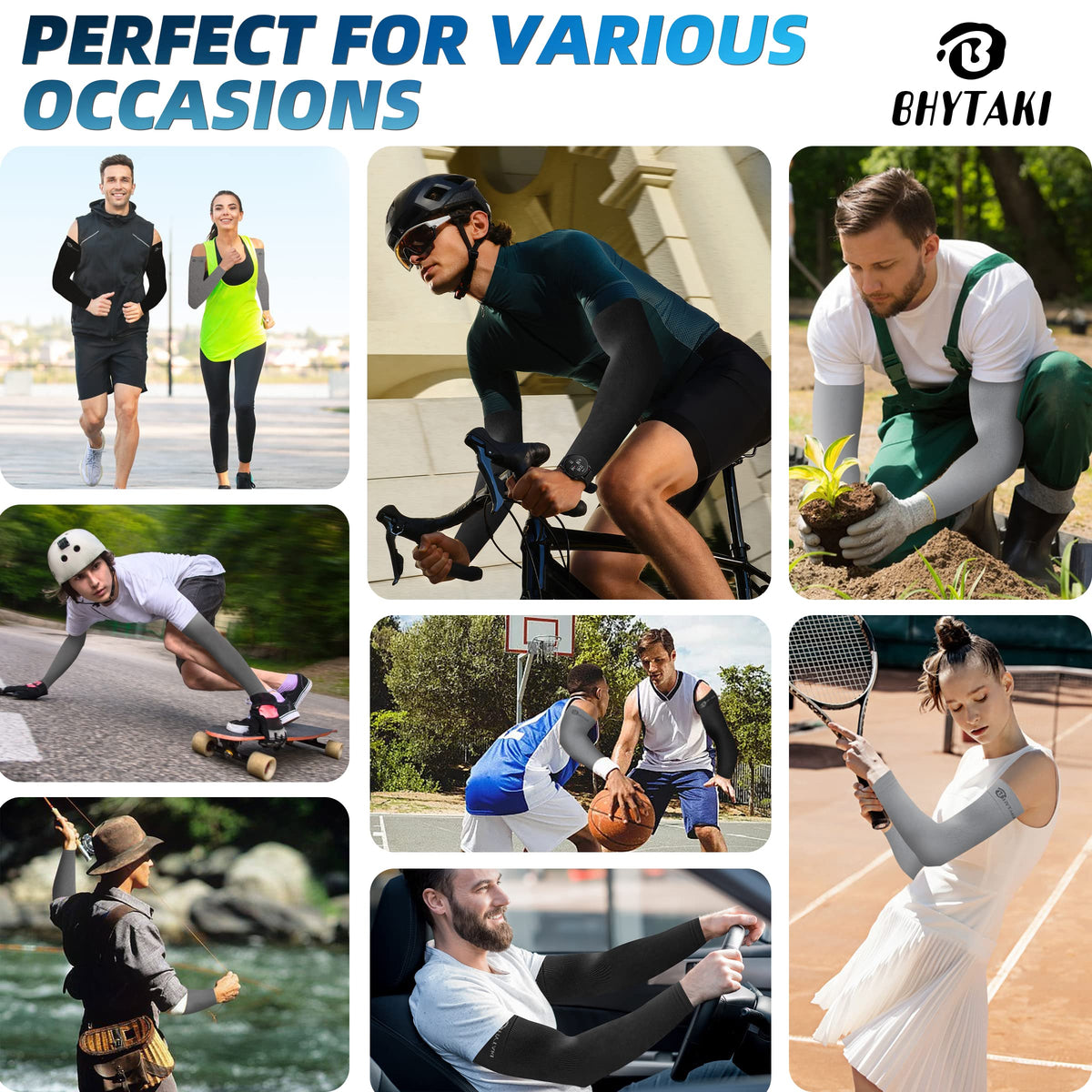 BHYTAKI 6 Pairs UV Sun Protection Arm Sleeves, UPF 50 Sports Cooling Arm Compression Sleeves for Men Women Teenager