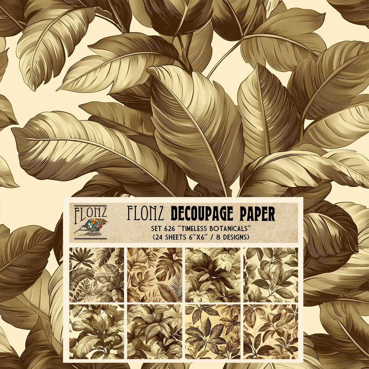 Decoupage Paper Pack (24 Sheets 6"x6") Timeless Botanicals: Elegant Banana Leaves and Tropical Greenery in Vintage Sepia Tones for Classic Craft Creations # FLONZ Vintage Craft