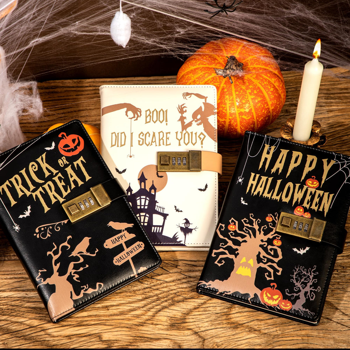 CAGIE Journal with Lock for Women Men, A5 Locked Journal with Pumpkin Pen Set, Halloween Notebook with Combination Lock 192 Pages Diary with Lock, 5.7x 8.3 Inches, Trick or Treat Black