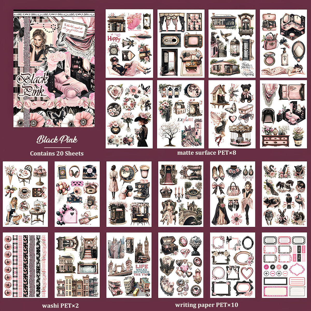 Snycler Black.Pink Theme Sticker Scrapbooking Supplies for Junk Journal, 20 Sheets PET Stickers - Vintage Journaling Stickers, Ephemera Sticker Book Pre Cut, Planner, Junk Journal Supplies