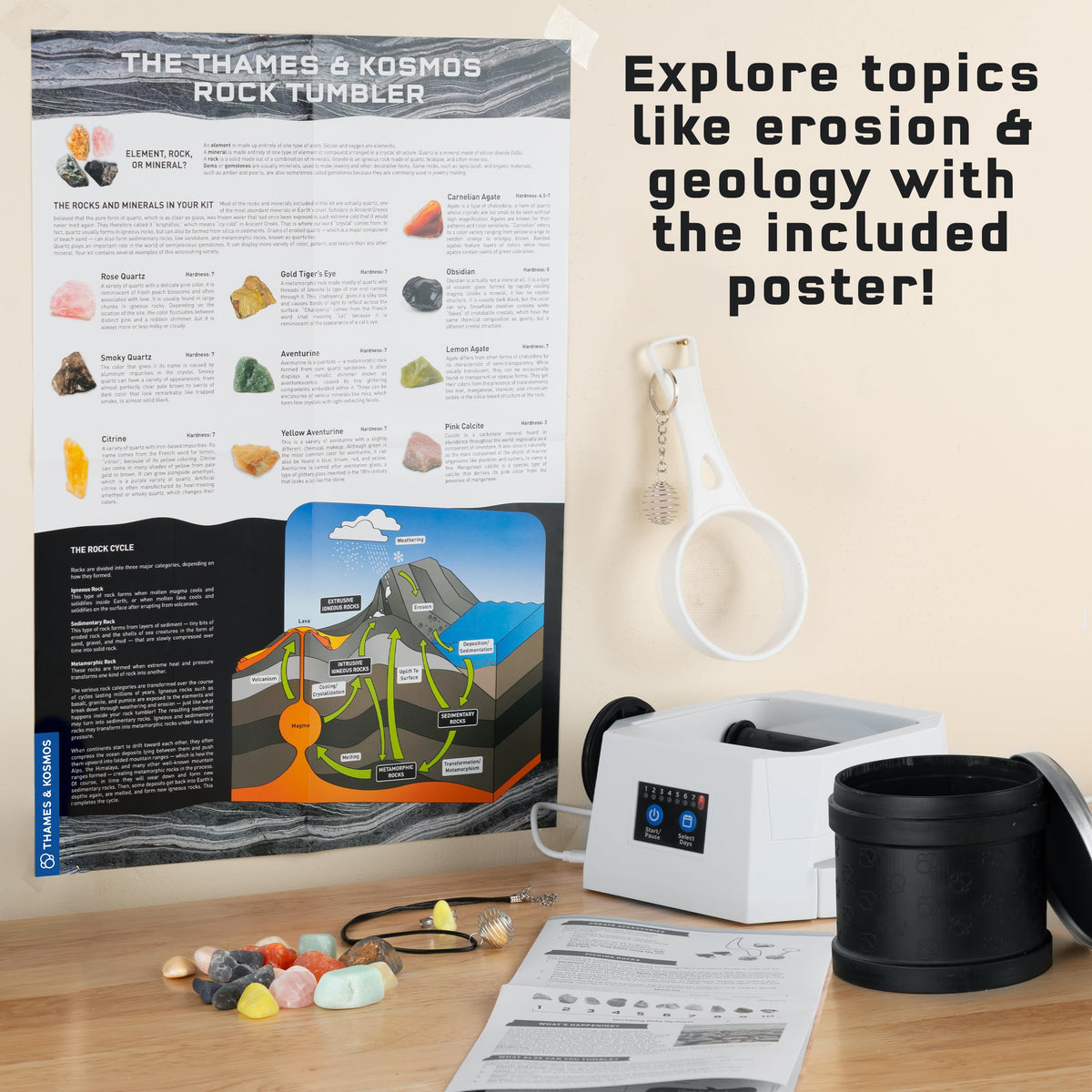 The Thames & Kosmos Rock Tumbler Essential STEM Tool | Durable, Leak-Proof, Noise-Reducing Barrel, Built-in Timer | Polish & Shine Kids Rock Collections, Includes Authentic Specimens & Polishing Grits