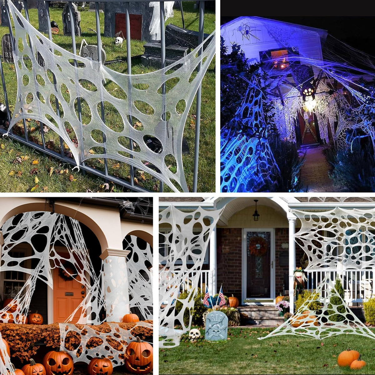 wymulot 1200 Sqft (After Streched with Holes) Uncut Giant Spider Web Halloween Decorations Outdoor with 10 Ground Nails Stretchy Beef Cloth Netting Cut-Your-Own Flexible Elastic for Yard Party Decor