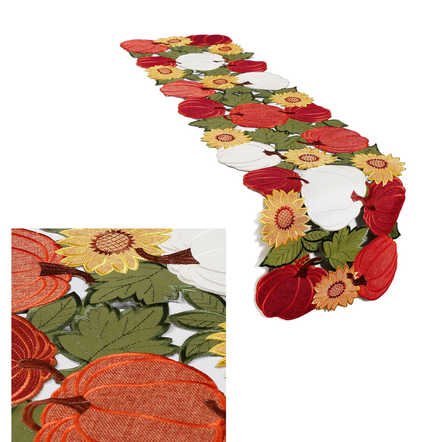 OWENIE Thanksgiving Table Runner, Pumpkin Fall Table Runner, Fall Decor for Home with Harvest Sunflowers Pumpkins, Cutwork Applique Embroidered Centerpieces, 13 Inch x 54 Inch, Orange