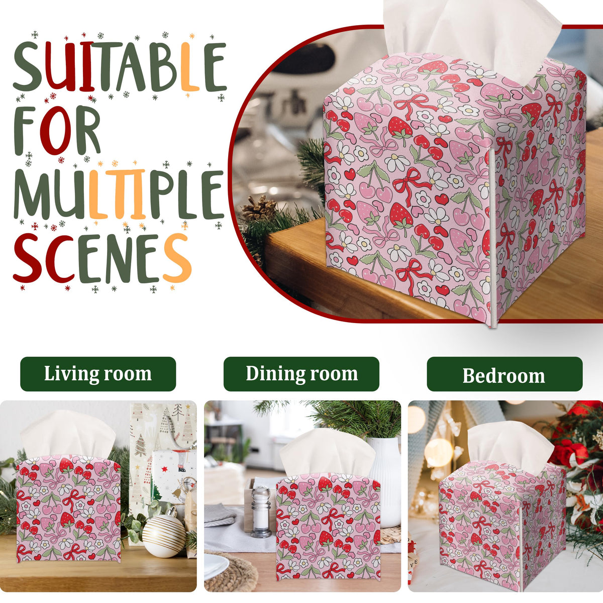 Modern Square Leather Tissue Box Cover/Case Holder Gifts for Women Family and Friends, Decorative Holder/Organizer for Bathroom Kitchen Nightstand Office Home (Red Bow Strawberry)