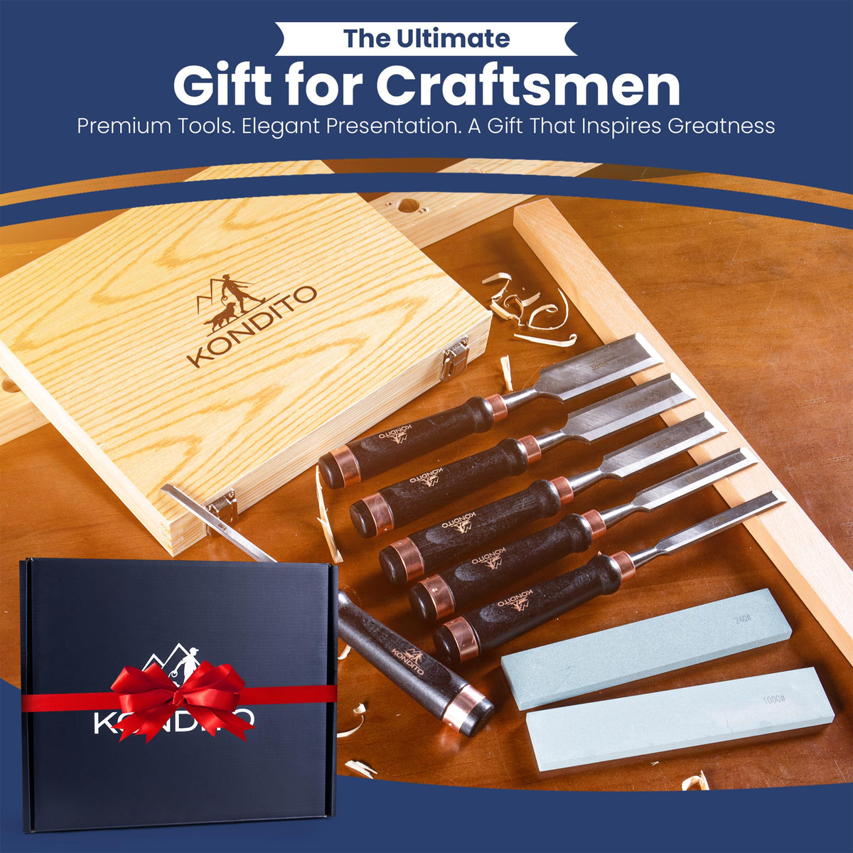 KONDITO Professional Wood Chisel Set – Complete Chisel Kit with 6 CRV60 Steel Blades (6–38mm), 2 Sharpening Stones & Hardwood Case – Wood Carving Chisels for Joinery, Sculpting & Woodworking Tools