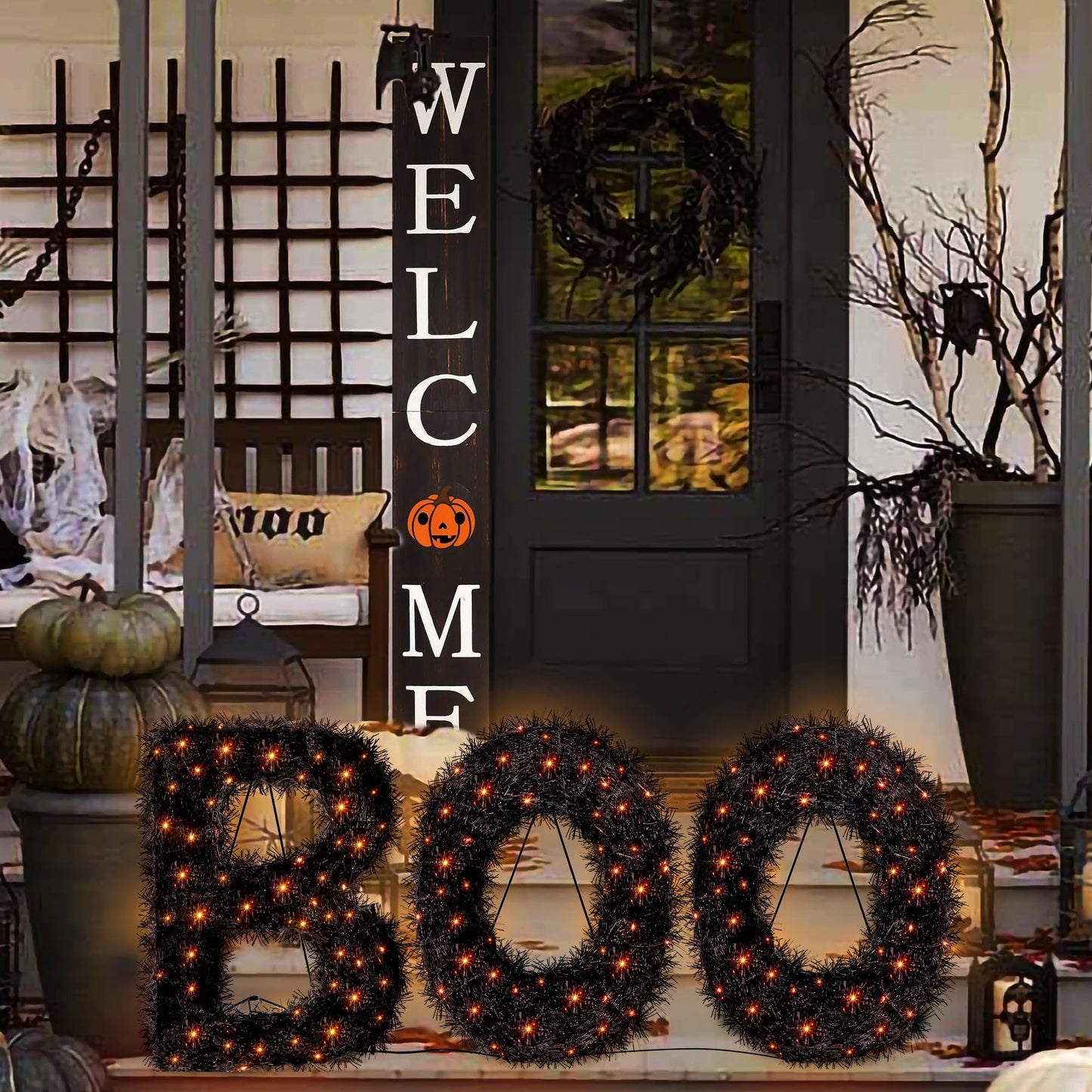 ATDAWN 3 Piece Outdoor Boo Sign Halloween Decoration, Lighted Boo Yard Display Set, Boo Yard Sign for Halloween Indoor Lawn Decor, Black & Orange