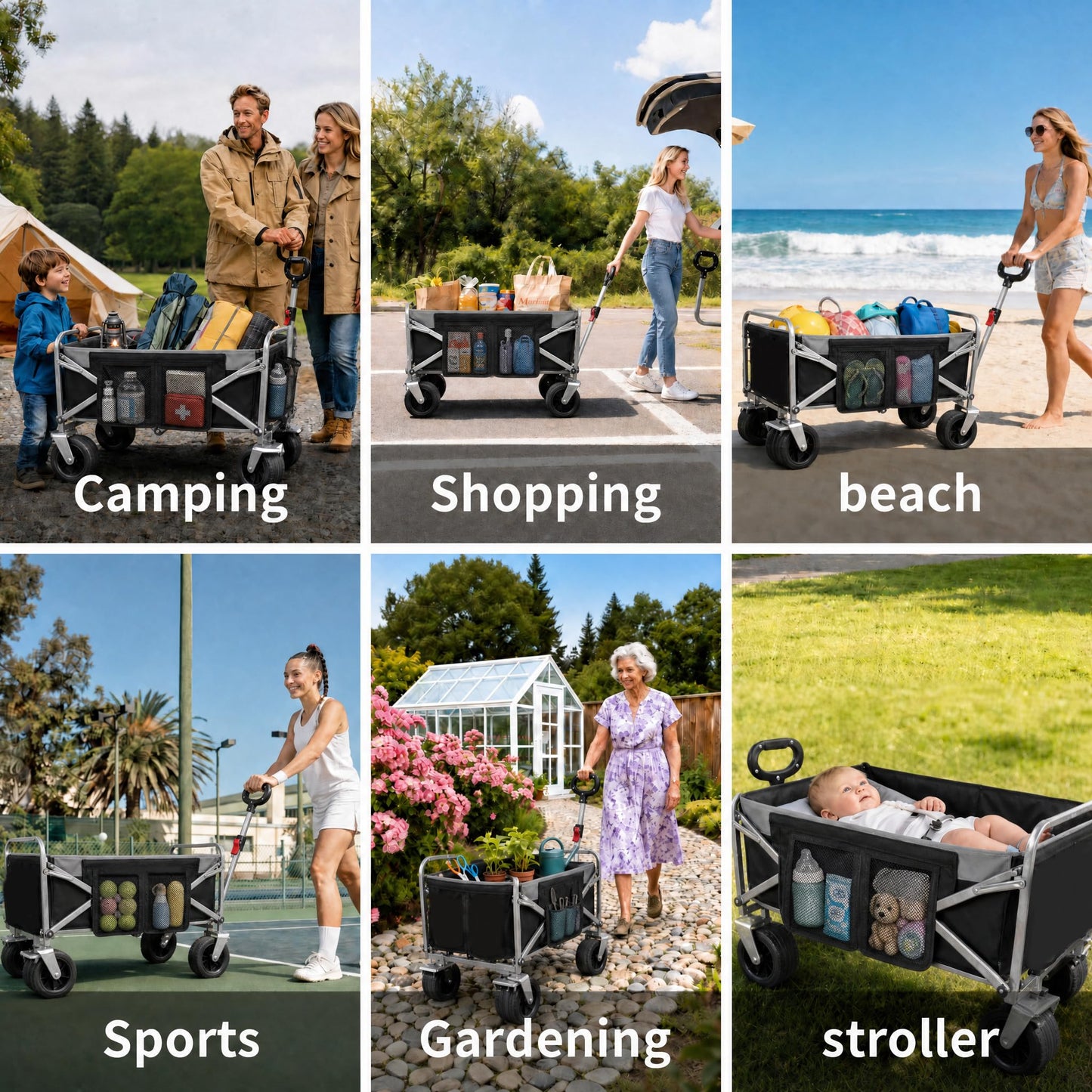 BUERTS Collapsible Wagon - 600LBS Heavy-Duty Large Capacity Foldable Utility Cart, Oversized All-Terrain Wheels, 3-Second Quick Fold Beach Wagon for Camping, Gardening, Beach & Backcountry Trip(BLACK)