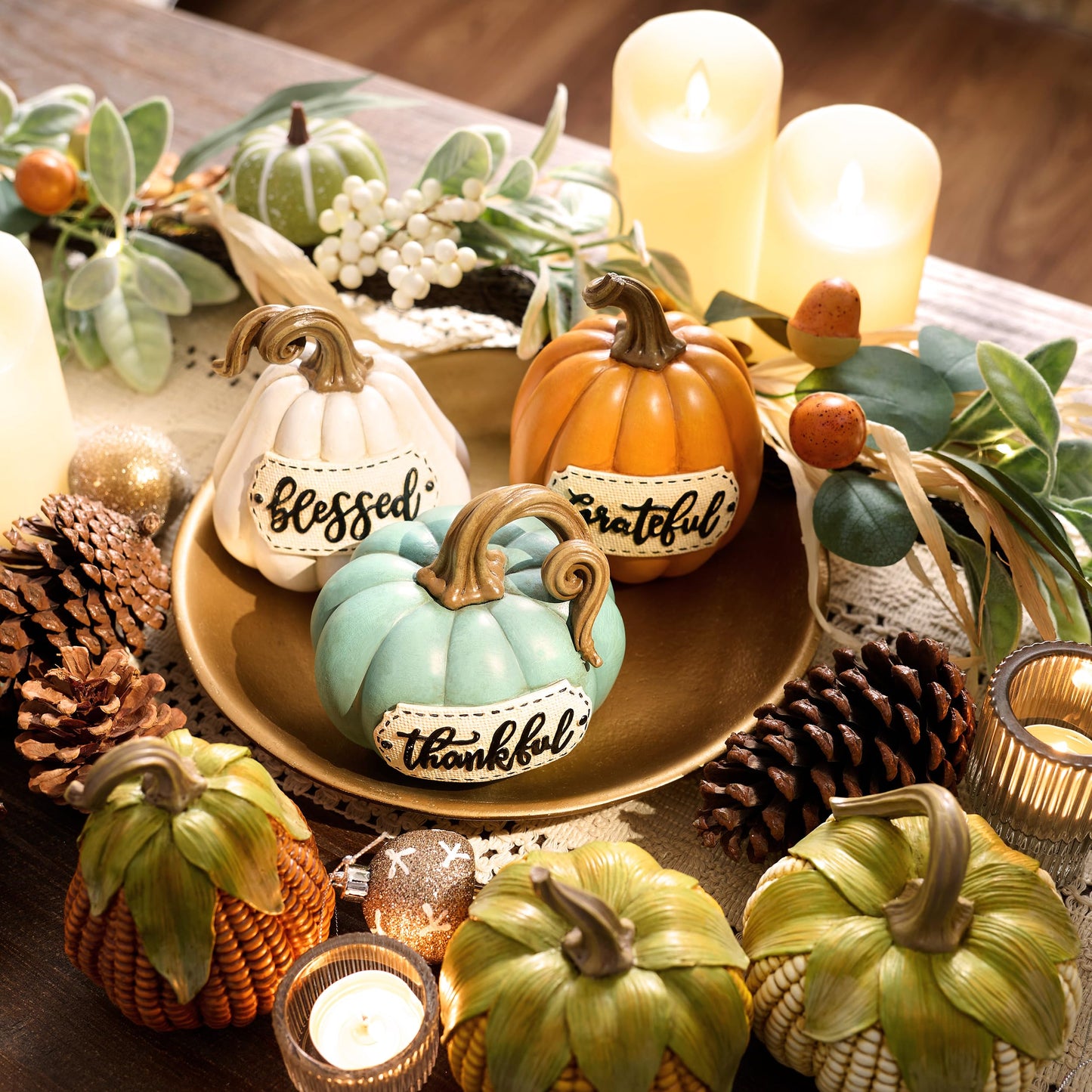 Valery Madelyn Pumpkins Fall Table Decor for Home, Set of 3 Resin Decorative Pumpkins Figurines Decor Indoor Tabletop Centerpieces Harvest Autumn Thanksgiving Dining Room Shelf Decoration, 6.3 inch