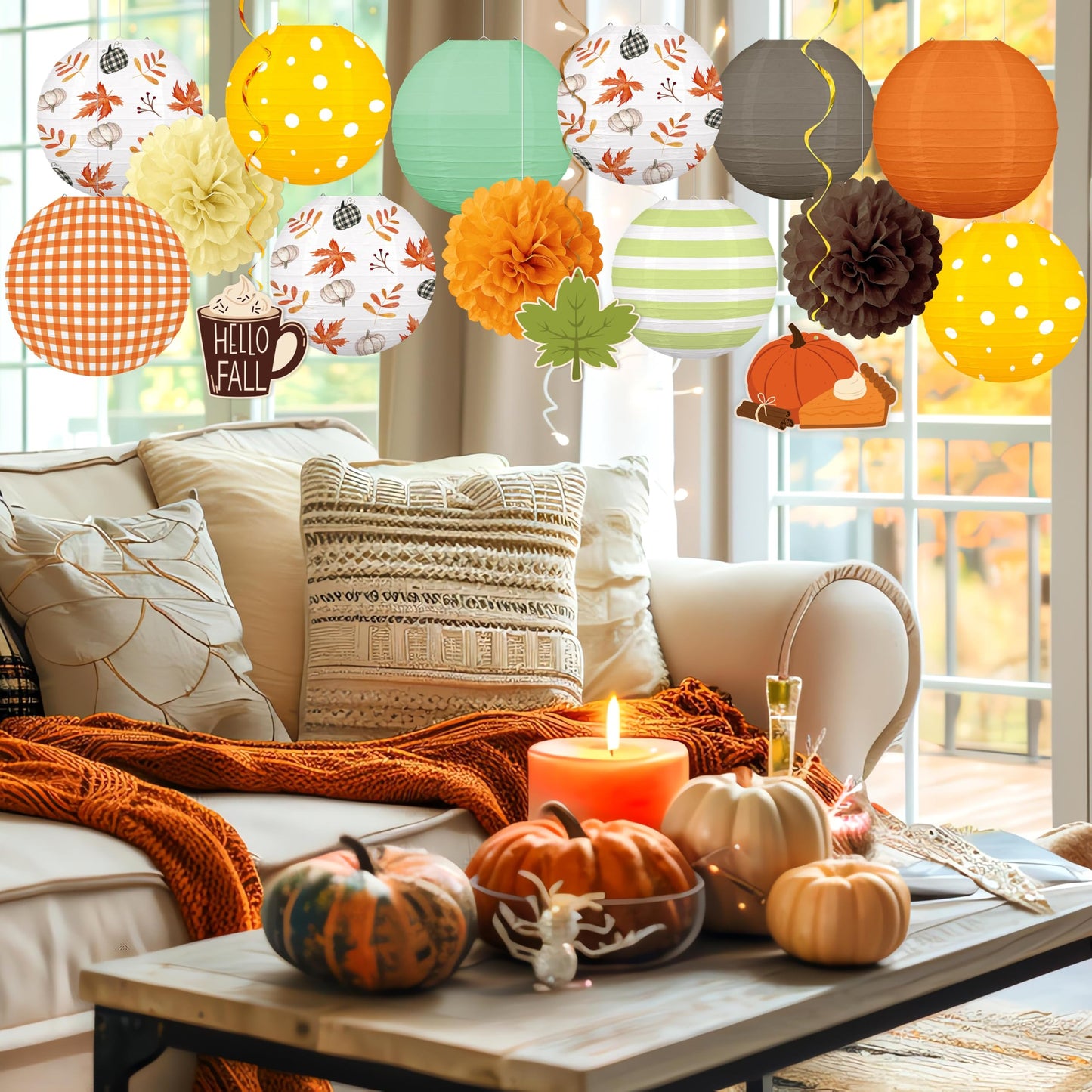 Renbuzhu 16PCS Fall Decorations for Home Paper Lanterns Pom Poms Hanging Swirls Thanksgiving Autumn Friendsgiving Decor for Party Office Birthday Indoor Outdoor