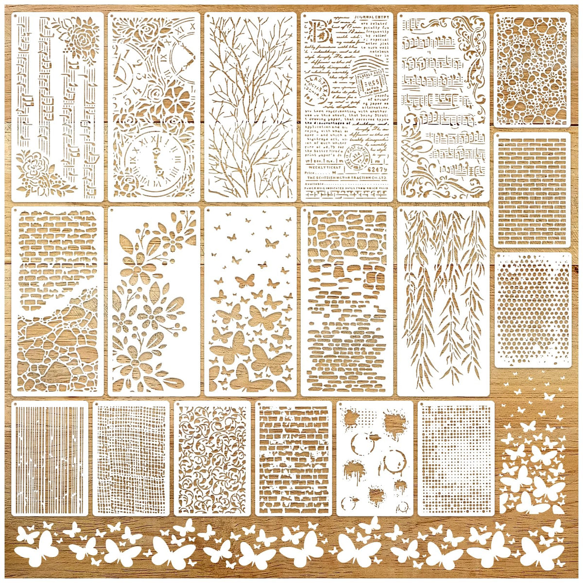 19pcs Stencils for Crafts Reusable Musical Notes Brick Branches Floral Texture Dot Background Template Drawing Layering Stencils for Painting on Wood Scrapbook Furniture Paper Card Decor(crafts19)