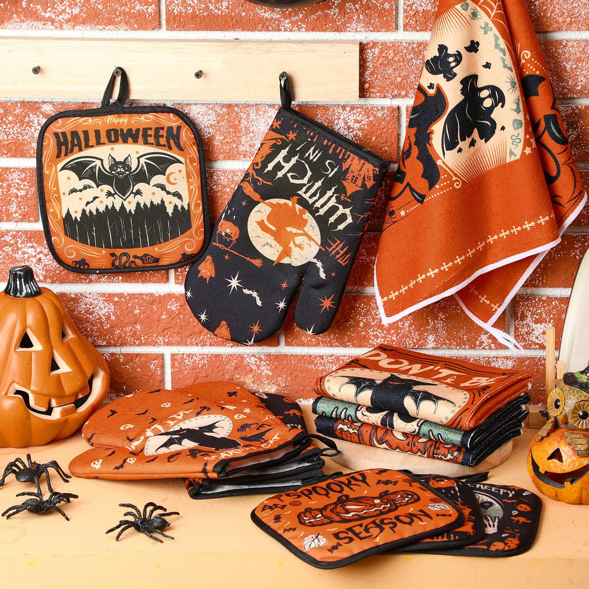 SiliFine 12 Pcs Oven Mitts and Kitchen Towel Sets 4 Dish Towels 4 Potholders 4 Vintage Resistant Glove for Cooking Baking Home Gifting(Gothic Witchy Ghost)