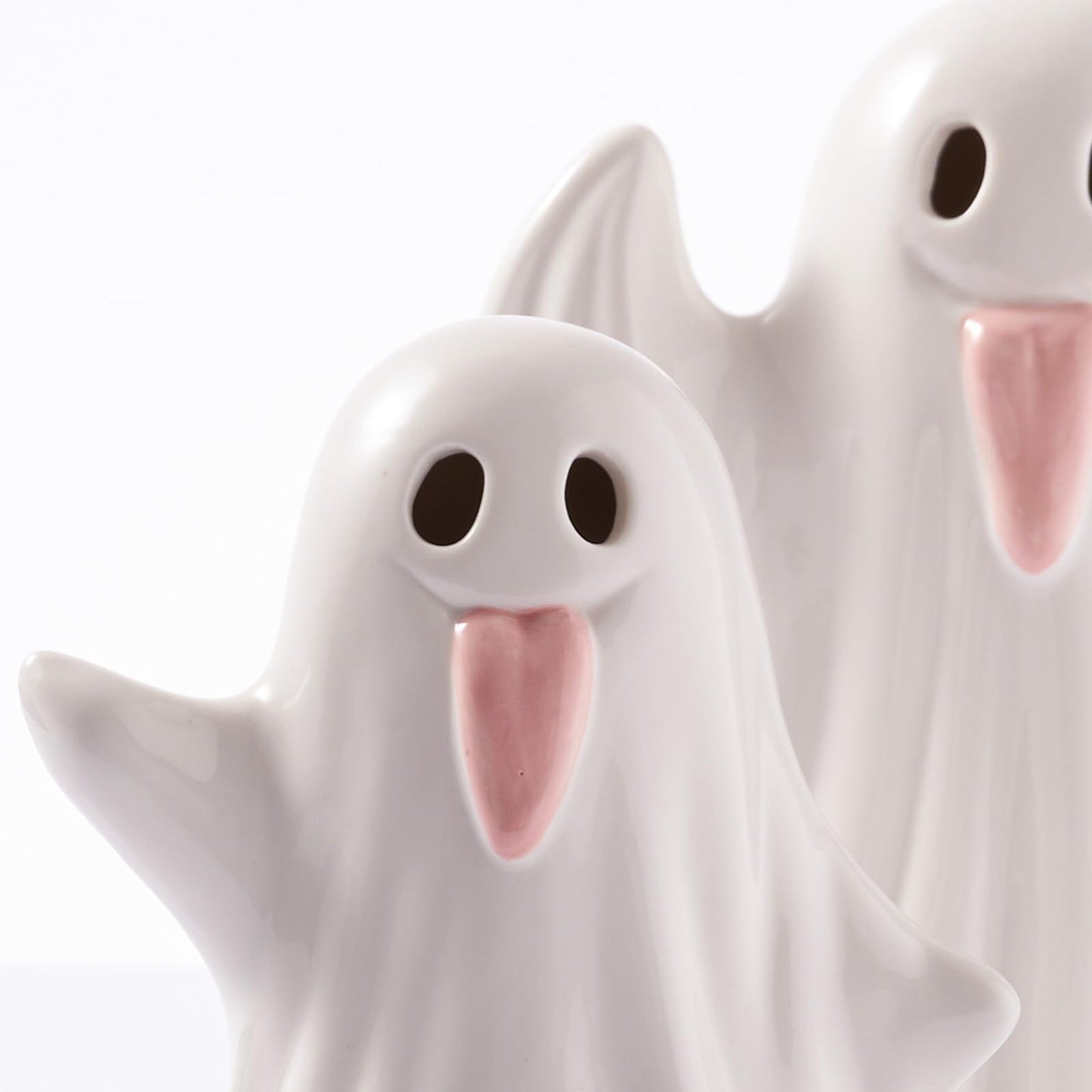 WDS WONDROUS Halloween Decor Light Up Ceramic Ghost Figurines – White Ghost with Pink Tongue Set of 2 – Fall Halloween Indoor Decorations for Home Table Office Desk Decor, Cute Ghost Statues