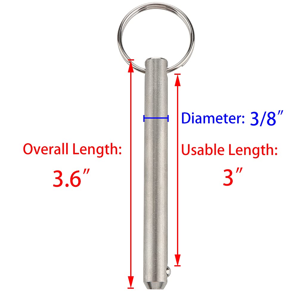 2 Pack Long Quick Release Pin, Diameter 3/8"(9.5mm), Usable Length 3"(76mm), Overall Length 3.6"(92mm), Full 316 Stainless Steel, Bimini Top Pin, Marine Hardware