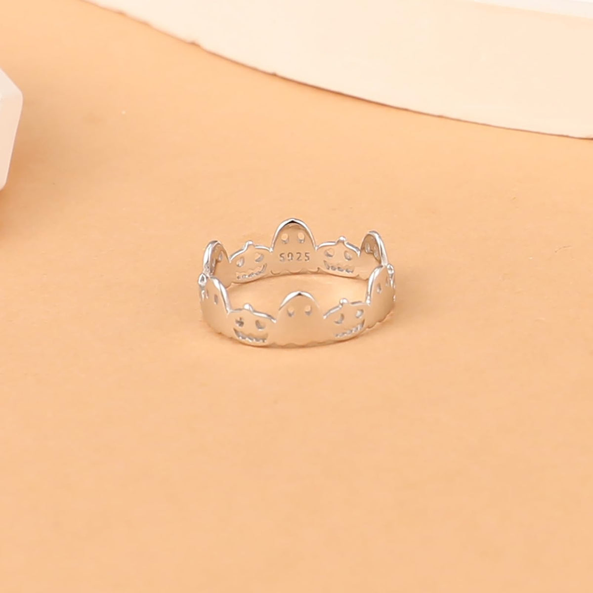 AIBELOPY Cute Pumpkin Lantern Rings for Women Men 925 Sterling Silver Halloween Ring Jack-O-Lantern Ghost Ring Wide Band Rings Halloween Christmas Gift (Silver, 9)