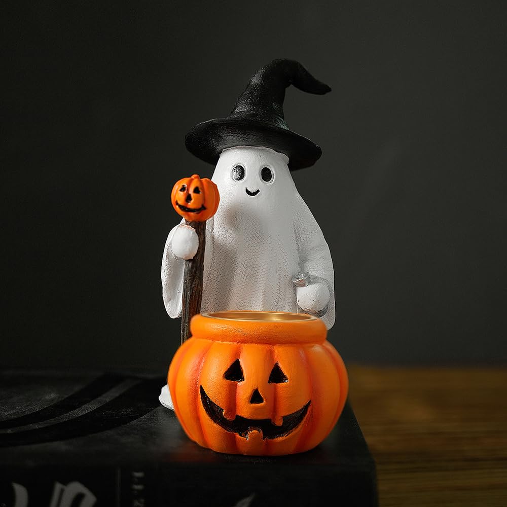 HARUHI Adorable Spooky Ghost Statue Figurine Cute Halloween Decor for Desk Shelf Home & Garden Decoration（Ghost Mage）