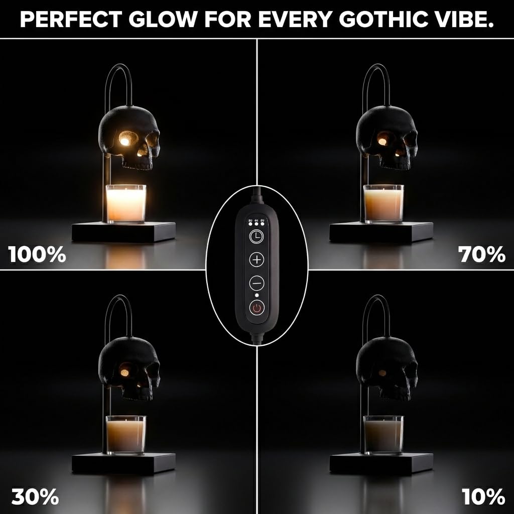 Skull Candle Warmer Lamp with Timer and Dimmer *Candles NOT Included – Black Gothic Candle Lamp Warmer w/ Adjustable Height, 2 Light Bulbs – Skull Decor, Goth Gothic Decor Spooky Home & Witchy Gifts