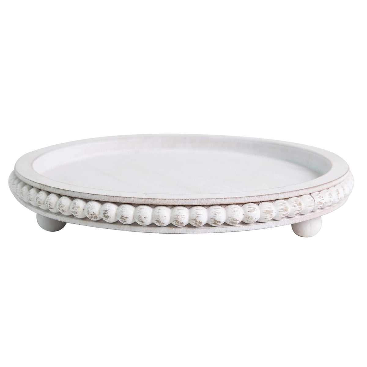 HPC Decor 12in Round Wood Tray - White, Distressed, Farmhouse Rustic - Decorative Tray for Living Room, Coffee Table, Kitchen Table or Farmhouse Serving Tray