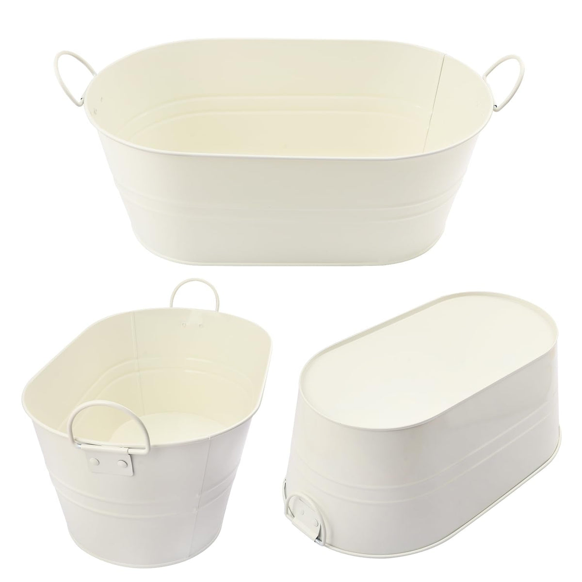 Biugaaufai 3 PCS 15.3 x 9 x 6 inches White Metal Galvanized Tub with Handles, 3 Gallon Galvanized Beverage Tubs for Parties, Large Metal Drink Ice Buckets for Beer, Wine, Cocktails & Outdoor Events