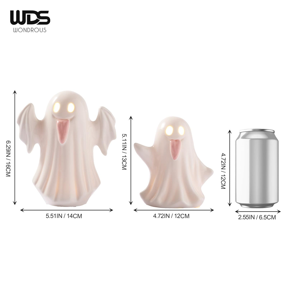 WDS WONDROUS Halloween Decor Light Up Ceramic Ghost Figurines – White Ghost with Pink Tongue Set of 2 – Fall Halloween Indoor Decorations for Home Table Office Desk Decor, Cute Ghost Statues